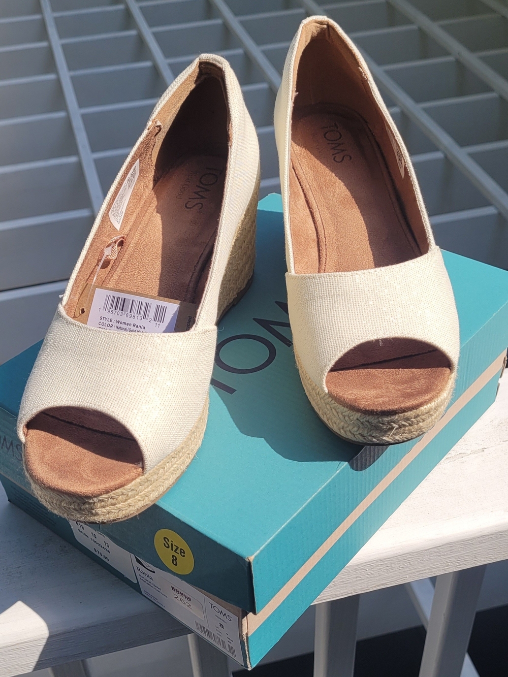 TOMS Rania Natural/gold Metalic Canvas Espadrille Wedge Peep-Toe Sandals